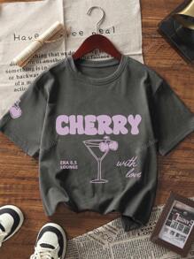 Camiseta feminina com estampa de mistura de cerejas e gola redonda, manga curta, blusa versátil e moderna