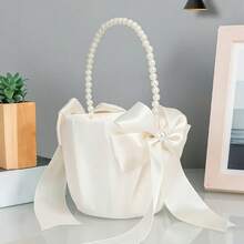 1/2 piezas Cestas para niña de las flores para boda, estilo occidental, cestas de satén color marfil con moño, suministros para boda de estilo occidental, cestas para lanzar flores para la novia y las damas de honor