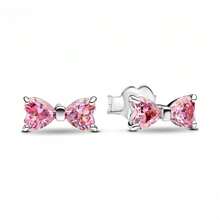 3 Pieces Pink Love Necklace Bow Earrings Sterling Silver Shining Zirconia Earrings - Butterfly - View 4