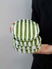 1件/2件/4件绿色条纹陶瓷盘，简约欧式竖条纹陶瓷甜点盘，小吃盘，适用于家居、派对、礼品、女士珠宝托盘