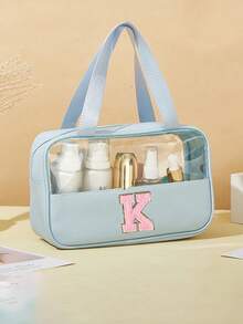 1PC Transparent PVC Toiletry Bag For Makeup Tools Letters Makeup Bag Water-Proof Portable Chenille Letter Zipper Make Up Organizer Minimalist Initial Letter Patch Travel Toiletry Bag For Women For - Baby Blue - View 6