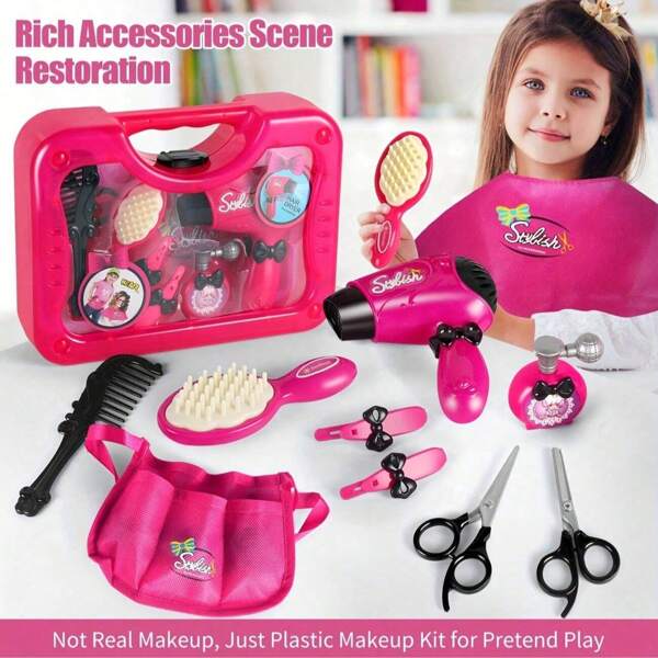 10-teiliges Beauty-Friseur-Set für kleine Mädchen, Spielzeug-Set für Salon-Mode mit Aufbewahrungsbox und Zubehör