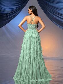 Đầm dạ hội kiểu cổ tích QOQ dành cho nữ, kiểu dáng lãng mạn, thích hợp cho các sự kiện cưới hỏi, tiệc cocktail, dạ hội từ thiện, hở lưng, đính sequin và vải lưới, kiểu dáng dạ hội mùa xuân. - Màu xanh Bạc hà - Xem 2