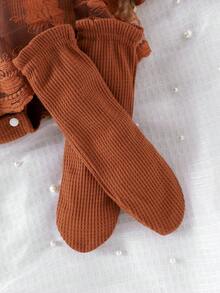 1pc Baby Girls Elegant Lace Patchwork Long Sleeve Bodysuit + Headband + Socks Set, Autumn/Winter - Brown - View 5