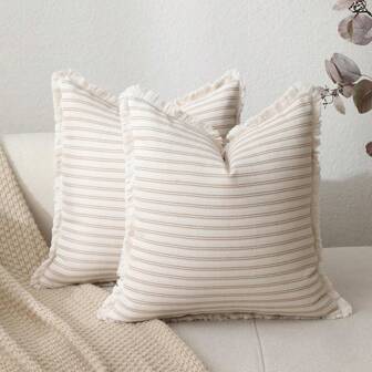 1pc Striped Woven Decorative Pillow Cover With Tassels, Square Throw Cushion Cover For Home, Living Room, Farmhouse Decor, Khaki