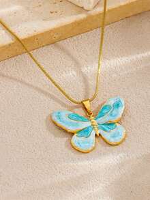 1 goldfarbene Edelstahl-Halskette mit kontrastierendem öltropfenblauem Gradienten-Schmetterling-Anhänger