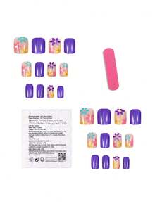 24pcs Blue Square Short Press-On Nails, Colorful Floral Pattern, Nail Art Supplies, Spring/Summer - Multicolor - View 4