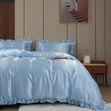 300 Thread Count Satin Duvet Cover Set Ruffled Duvet Cover Set Silk Like Satin Bedding Set Solid Color Bedding Sets Silky Ruffled Duvet Cover Set Luxury Hotel Bedding Cover Set All Season Quilt Cover With Pillowcases - Màu xanh nhạt - Xem 3