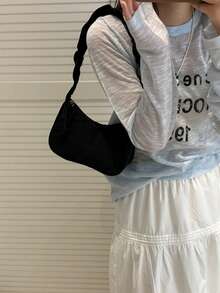 1 件云朵褶饰闪亮面料新月形单肩包，适合女士，时尚简约优雅 - 黑色 - 查看 8