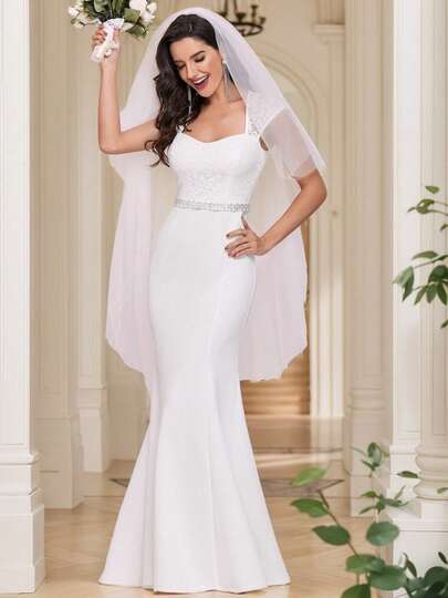 EVERPRETTY 优雅复古蕾丝心形领口美人鱼婚纱，白色礼服，适合夏季花园婚礼派对