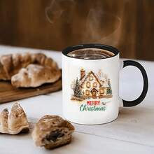 1 Stück rustikale Weihnachtshaus Keramiktasse - große isolierte Kaffeetasse mit Griff, wiederverwendbare Feiertags-Teetasse, perfektes Geschenk für Männer & Frauen, einzigartiges Geschenk für Wichteltausch, spülmaschinenfest, Heim- & Küchendekoration