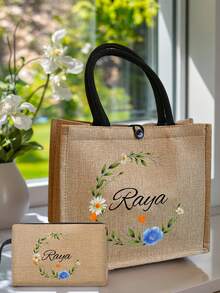 2pcs/Set Customized Name With Floral And Leaves Wreath Pattern Tote Bag And Makeup Pouch Set, Women's Linen Large Capacity Handbag, Shopping Bag, Portable Casual Storage Handbag, Suitable For Daily Travel, Beach Vacation, Large Capacity Shopping Bag, Very Suitable For School, Birthdays, University, Work, Business, Commuting, Outdoor, Travel, Outdoor, Vacation,Back To School Supplies - Khaki - View 12