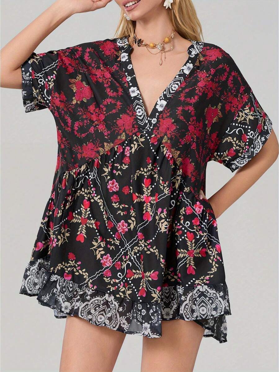 Women's Summer Babydoll Dress Bohemian Floral Print Short Sleeve V-Neck Flowy Dress With Pockets