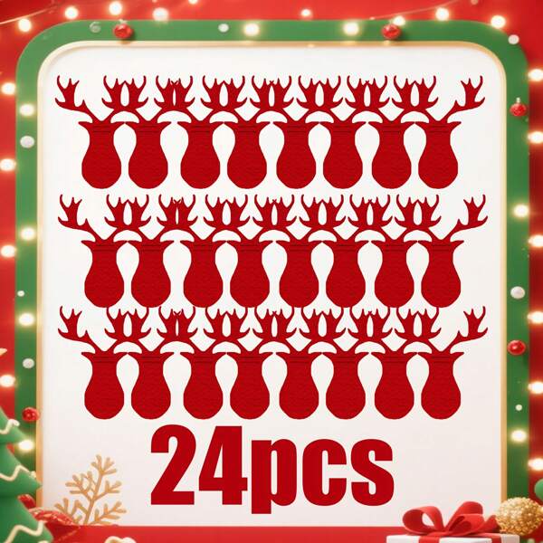 Set di 12 o 24 pezzi di posateria natalizia con renne, tovagliette rosse e verdi, ornamenti per albero di Natale, portaposate in feltro a forma di renna, adatto per cena di Natale e decorazione della tavola, ideale come regalo