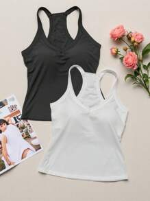 2 件套纯色简约 V 领吊带背心，带衬垫胸部，性感修身汗衫，健身 - 彩色 - 查看 2