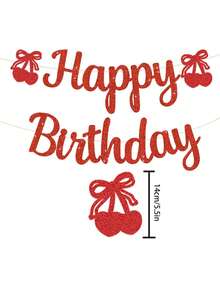 Cherry Birthday Banner - Funny Fruit Theme Happy Birthday Sign, Cherry 1st Birthday Bridal Shower Banner, Cherry Theme Birthday Party Decorations Red Glitter - Multicolor - View 2