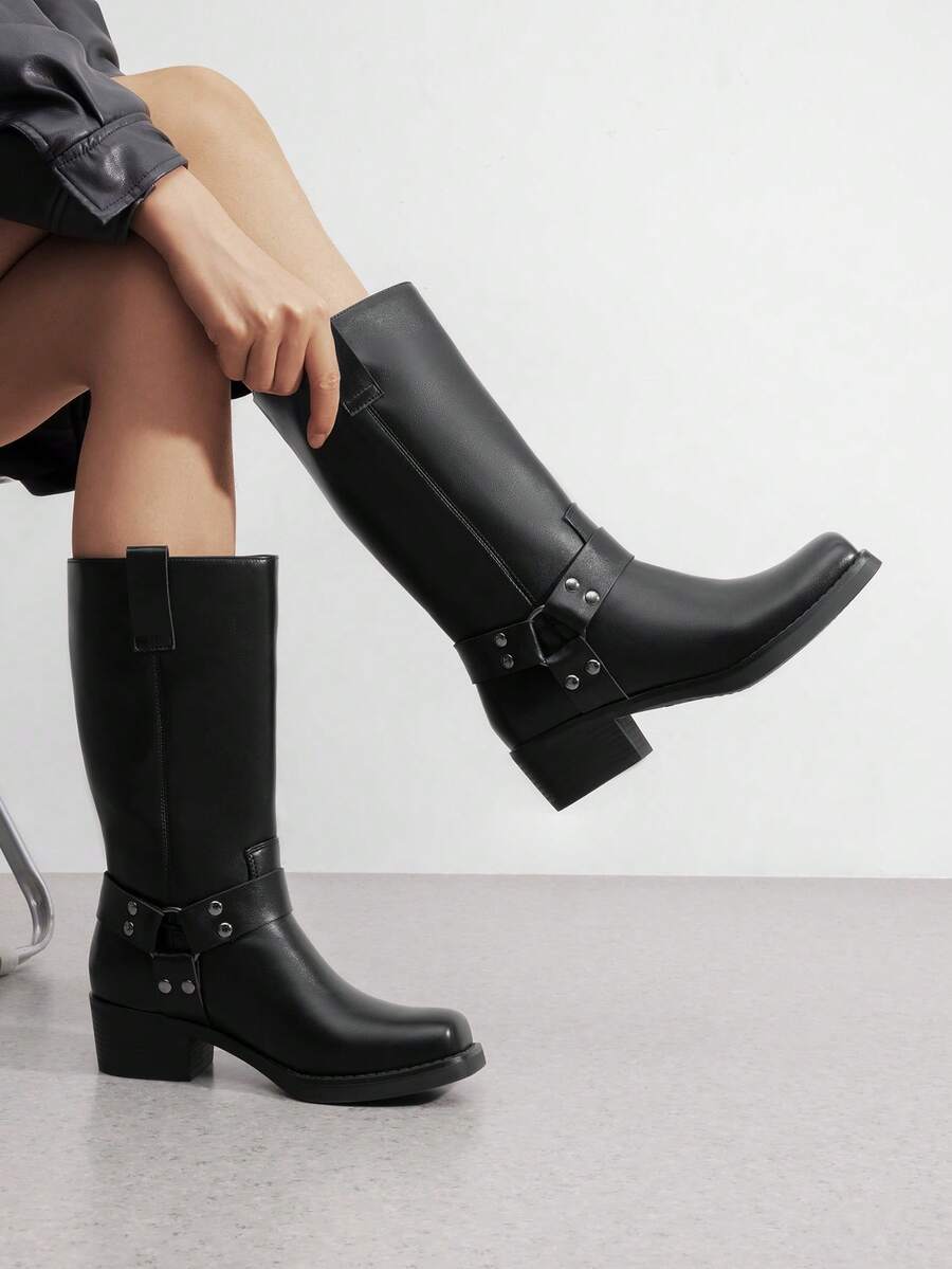 Dream Pairs Women's Motorcycle Boots Fashion Casual Slip-On Buckle Square Toe, Western Boots Chunky Heel Autumn & Winter Tall Boots,Knee High Boots , Mid-Calf Boots For Festival Go With Dress Black Boots - 黑色 - 查看 1