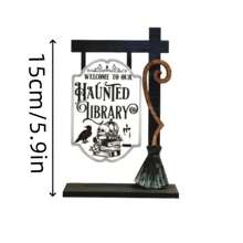 1 pièce Décoration gothique bibliothèque fantôme d'Halloween - Panneau en bois de style gothique avec conception de corbeau et chapeau de sorcière - Affichage de bureau en faux bois, cadeau pour lecteur