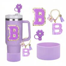 Set de 4 accesorios para tazas con la letra A - 1 tapa de pajita, 1 colgante con la letra A, 1 base protectora de silicona para tazas, 1 etiqueta con la letra A para tazas, regalo sorpresa festivo