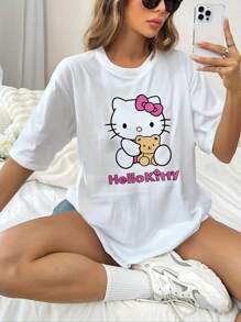 Sanrio Sanrio Hello Kitty Shirt 2025 Spring/Summer/Autumn New Loose T-Shirt For Women With Cartoon Pattern Short-Sleeved Cute Tops Girly And Versatile Home Wear Tops, Suitable For Home Life, Travel, Girlfriends, Couples