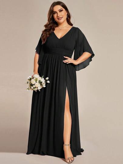 Plus Size Elegant Summer V Neck Flounce Sleeve Split Thigh Chiffon Black Bridesmaid Dresses Formal Dresses For Dinner
