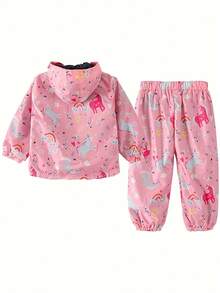 两件套女童独角兽印花连帽外套套装，休闲拉链连帽衫和裤子套装，户外女童服装，适合户外活动穿着