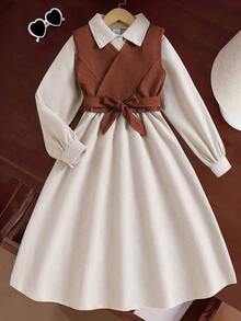 Left Mama 女童优雅简约学院风翻领长袖连衣裙搭配背心套装，适合春秋季节 - 米色 - 查看 1