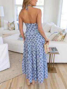 Women Summer Ruffle Halter Top And Flowy Maxi Skirt Sets Y2K Floral Print Backless Crop Tops Long Skirt 2Pcs Boho Beach Vacation Going Out Outfits - Màu xanh lam - Xem 5