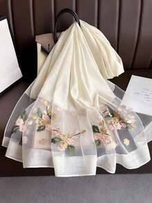 1 pezzo Sciarpa di seta elegante da donna con motivo traforato, perle finte e reticolare, sciarpa rossa tinta unita con fiore, sciarpa casual per la testa e il collo, adatta per l'uso quotidiano in autunno e inverno come accessorio