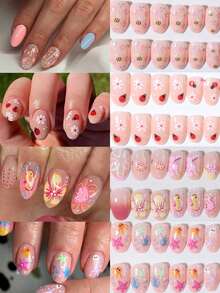 花朵指甲 96 片（4 款混合）短椭圆形 3D 凝胶指甲，打造可爱蜜蜂、瓢虫和乌龟图案设计，法式亚克力按压指甲，短款完美贴合假指甲套装，包含：1 片果冻凝胶和 1 个指甲锉。易于佩戴的夏季指甲和法式尖头指甲艺术，适合女士女孩日常工作佩戴，狂欢派对使用美甲用品