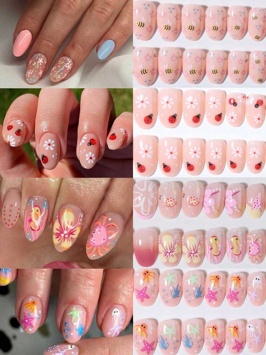 花朵指甲 96 片（4 款混合）短椭圆形 3D 凝胶指甲，打造可爱蜜蜂、瓢虫和乌龟图案设计，法式亚克力按压指甲，短款完美贴合假指甲套装，包含：1 片果冻凝胶和 1 个指甲锉。易于佩戴的夏季指甲和法式尖头指甲艺术，适合女士女孩日常工作佩戴，狂欢派对使用美甲用品