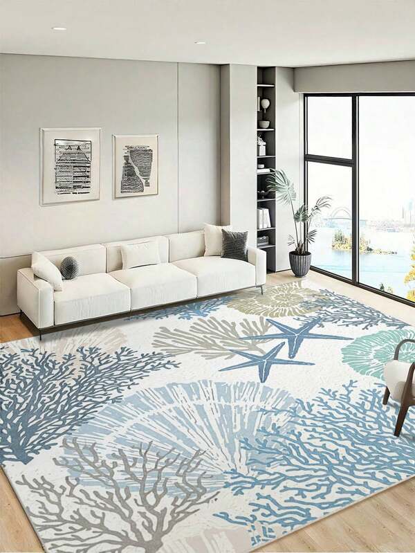 1 pieza Alfombra de área rectangular con estilo oceánico, tema de elementos marinos, absorbente de agua, antideslizante y lavable a máquina, material de poliéster, apta para mascotas, tapete para la puerta