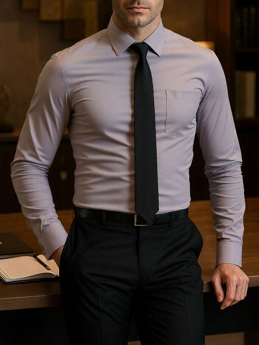Men's Solid Color Button Down Shirt - Wrinkle Free Easy Care Casual Dress Shirt, Slim Fit Office & Daily Wear - Màu Xám nhạt - Xem 1