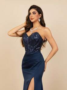 MOEVIO 女士奢华晚礼服露肩亮片紧身胸衣 V 领褶饰开叉大腿长款正式舞会婚纱新娘、生日女士服装 - 藏蓝色 - 查看 5