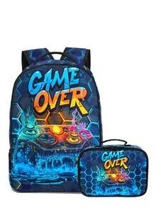 2pcs Cosmonaut/Game Themed Backpack Set With Lunch Box & Storage Bag - Large Capacity, Durable Polyester, Lightweight, Fashionable Mixed Colors