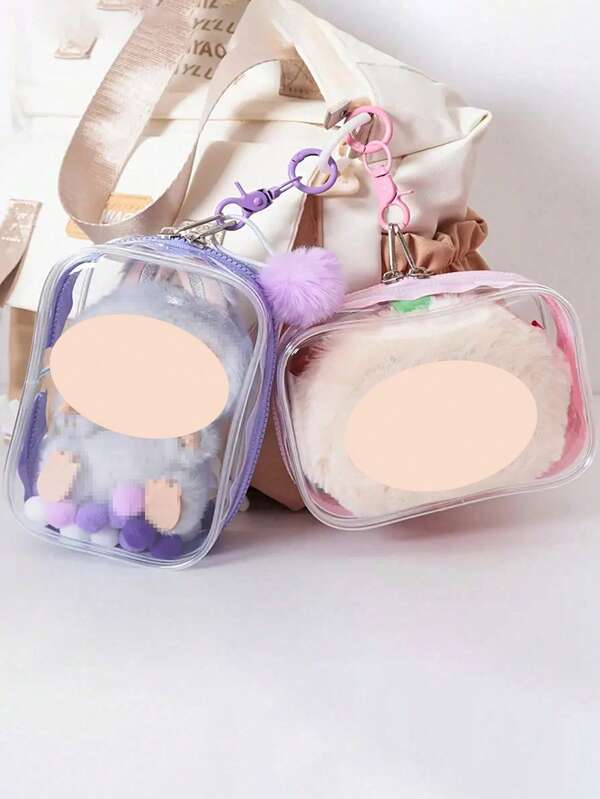 1 Pc For LABUBU PVC Transparent Dustproof Hanging Storage Pouch For Plush Figures, Anime Merchandise Collectible Organizer, Cute Character Design, With Doll Carrier Bag,Valentine's/Christmas Gifts(Doll Not Included)