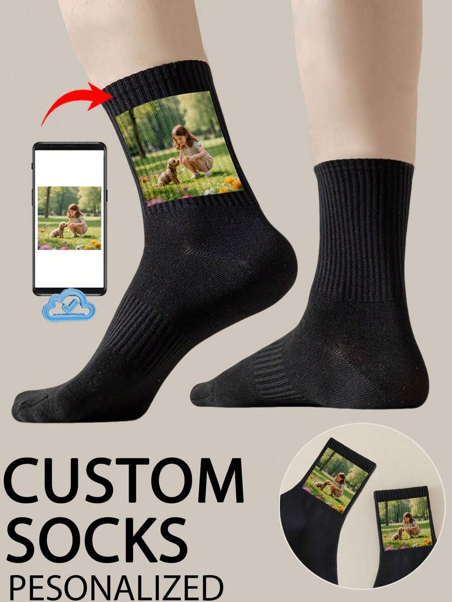 1 Pair Customized Face Socks, Couple Socks, Photo Printed Socks, Personalized Funny Face Socks, Any Face Can Be Printed On Socks, Anniversary Gift, Valentine's Day Gift, Birthday Gift, Autumn Socks - Black - View 1