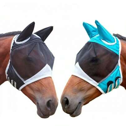 Máscara respirável para cavalo com , anti-mosquito, máscara elástica para os olhos, produtos equestres, capacete para cavalo, capacete para cavalo com orelhas, máscara contra moscas durável, 3 tamanhos, proteção UV