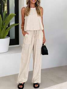 Conjunto de 2 piezas de talla grande para mujer de verano, estilo lino: Top sin mangas y pantalones de cintura elástica con bolsillo, traje casual para vacaciones y uso diario - Avena - Ver 6