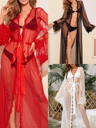 1 stuk nieuwe Europese en Amerikaanse grensoverschrijdende lange transparante badjas sexy nachthemd passionele verleiding lingerie thuis