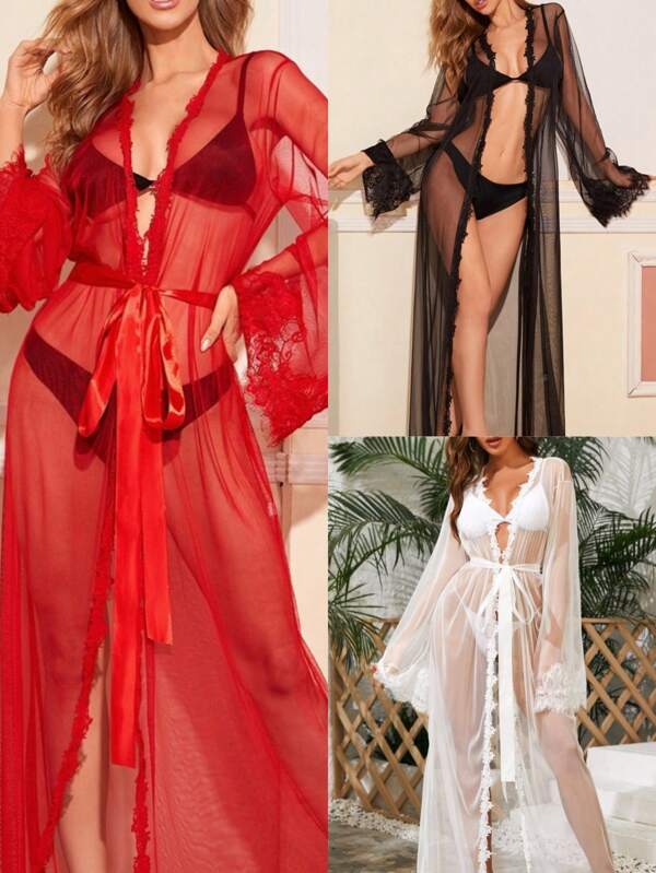 1PC New European And American Cross-Border Long Transparent Bathrobe Sexy Nightgown Passionate Temptation Lingerie Home