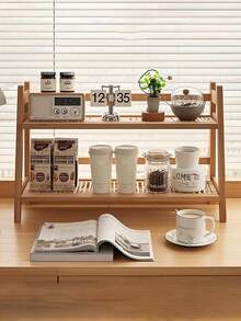 1pc Creative Rattan Double-Layer Desktop Shelf, Simple Bookshelf, Kitchen Water Cup And Tea Cup Rack, Desktop Storage And Organization Rack, Double-Layer Multi-Functional Storage Rack For Organization, Coffee, Snacks, Water Cup Storage Rack, Figure-Making Placement And Organization Rack - Multicolor - View 1