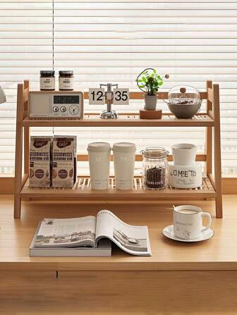 1pc Creative Rattan Double-Layer Desktop Shelf, Simple Bookshelf, Kitchen Water Cup And Tea Cup Rack, Desktop Storage And Organization Rack, Double-Layer Multi-Functional Storage Rack For Organization, Coffee, Snacks, Water Cup Storage Rack, Figure-Making Placement And Organization Rack