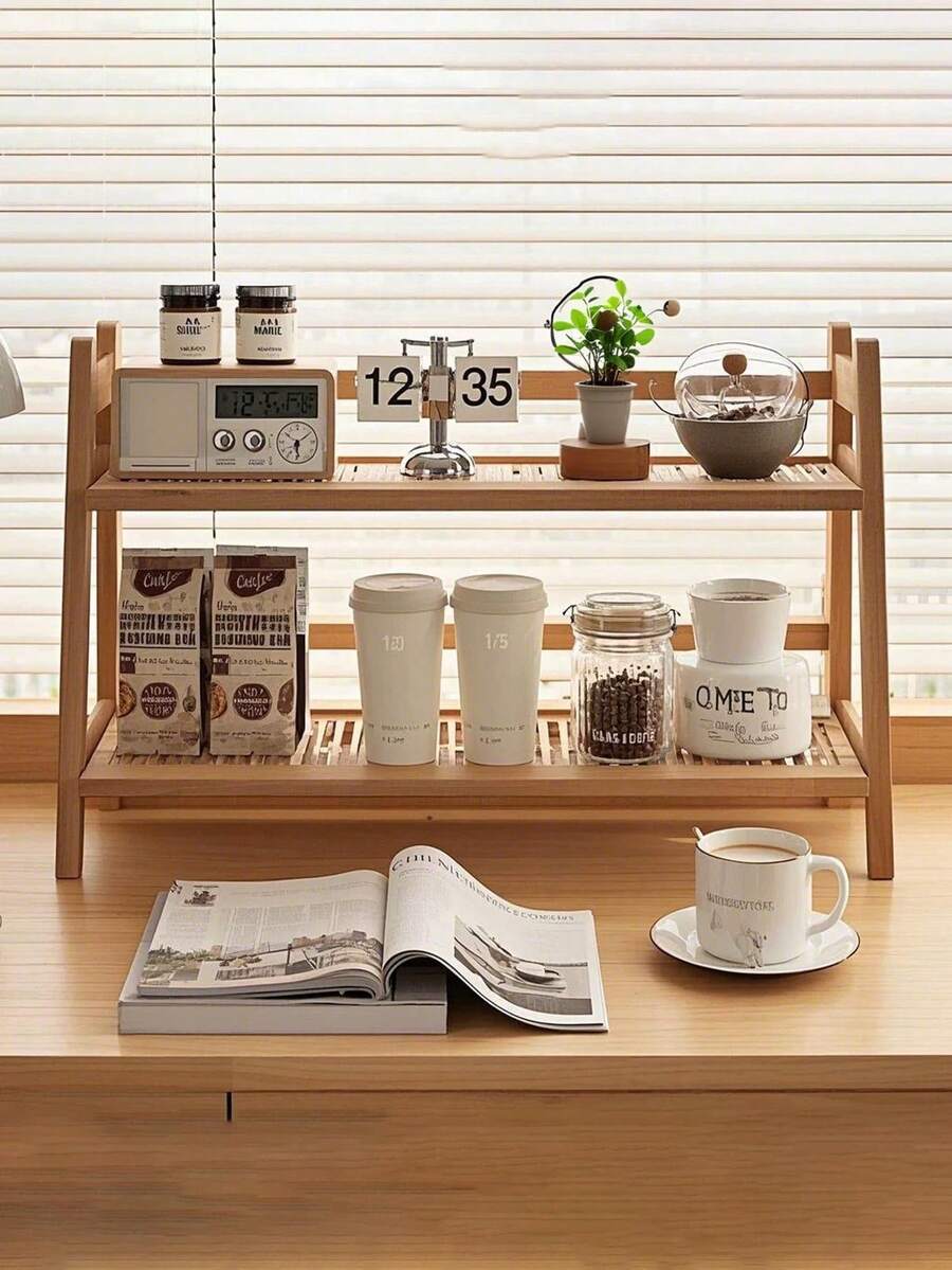 1pc Creative Rattan Double-Layer Desktop Shelf, Simple Bookshelf, Kitchen Water Cup And Tea Cup Rack, Desktop Storage And Organization Rack, Double-Layer Multi-Functional Storage Rack For Organization, Coffee, Snacks, Water Cup Storage Rack, Figure-Making Placement And Organization Rack - Multicolor - View 1