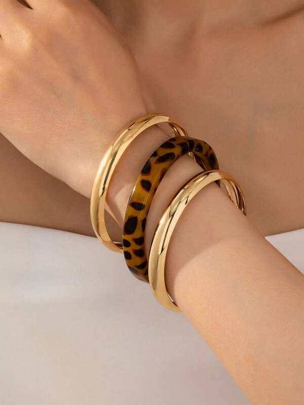 3pcs Bohemian Fashion Leopard Print Bracelets For Women, Versatile Jewelry Gift For Daily & Vacation Wear