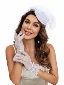 20s 50s Pillbox Derby Fascinator Hat Fascinators Hair Clip Wedding Tea Party Hat And Short Lace Gloves Women - 白色 - 查看 1