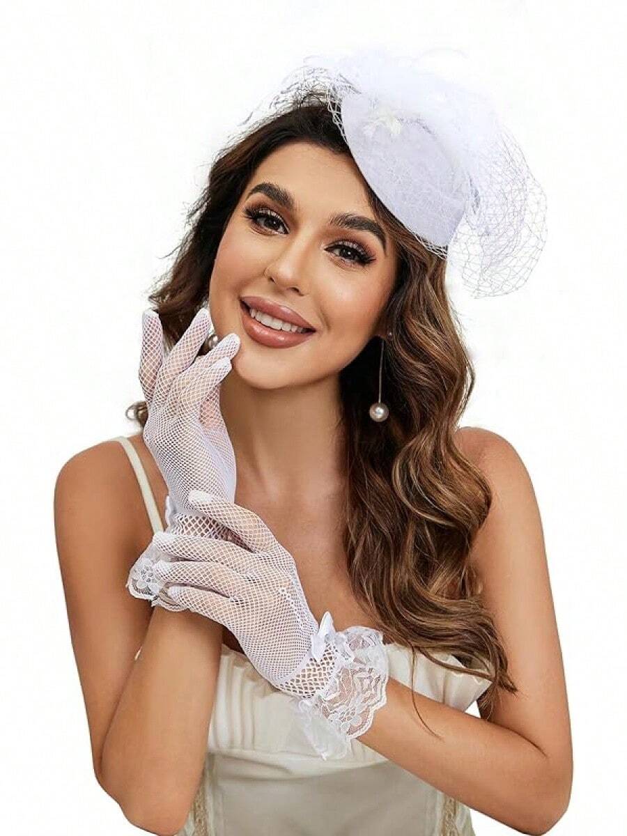 20s 50s Pillbox Derby Fascinator Hat Fascinators Hair Clip Wedding Tea Party Hat And Short Lace Gloves Women - 白色 - 查看 1