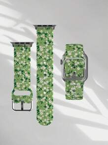 1 pieza Pulsera de repuesto suave y elástica con patrón de flor blanca sobre fondo verde, transpirable, compatible con Samsung, Garmin, Honor smartwatches, 38mm 40mm 41mm 45mm 44mm 42mm 49mm. Correa de silicona elegante y casual, compatible con Ultra SE/10/9/8/7/6/5/4/3/2/1