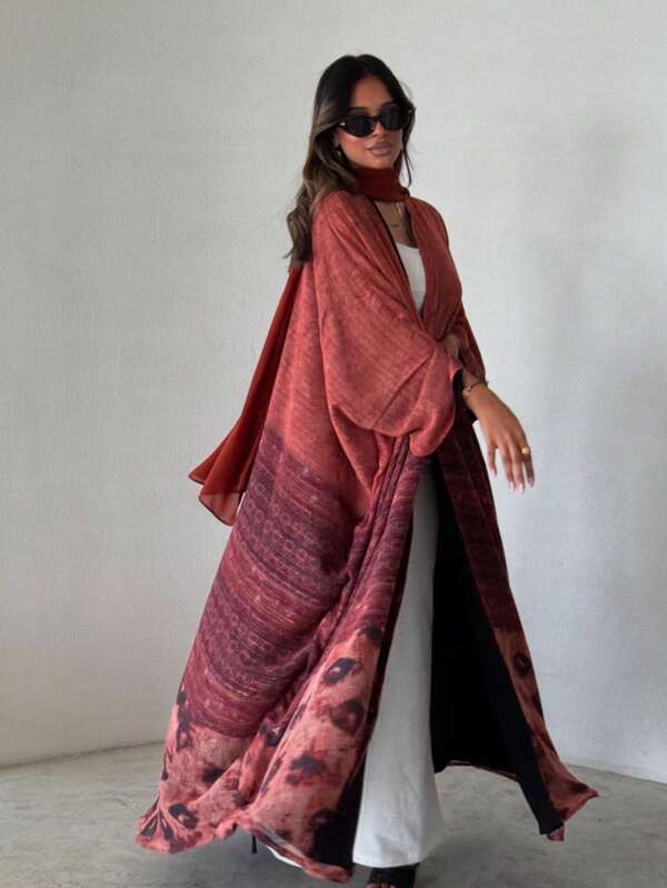 1 Pc Elegant Charming Printed Cuffs Robe Cardigan Abaya, Fashionable Beautiful Solid Color Women's Robe Dress Abaya, Suitable For Daily, Work, Travel, Party (Headscarf Not Included)