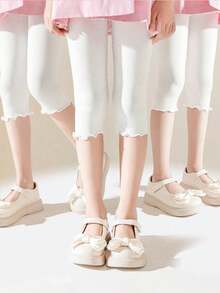 3 Pairs Girls Cute Solid Color Frill Trim 3/4 Length Leggings, Elastic Waist Lightweight Breathable Soft Casual Pants, Suitable For Spring/Summer Daily Wear, Holidays, Back To School, Campus, Sports - White - View 8